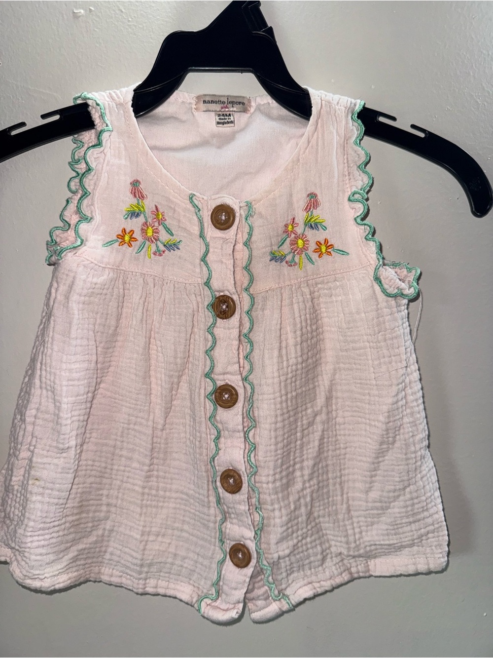 Nanette Lepore Pink Cotton Gauze Button-Front Tank with Floral Embroidery